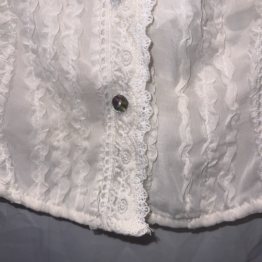 Cottagecore Boho Ivory Crinkle Ruched Lace V-Neck Short Puff Sleeve Top Size M - Picture 5 of 13